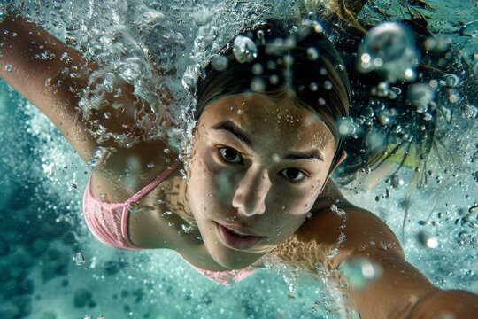 Capture advanced swimming techniques in action with underwater photography.,photographed in the style Photography