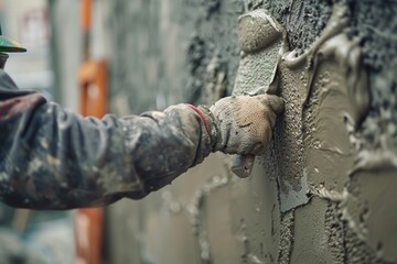 A construction worker applying cement to a brick wall