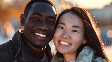 Cheerful interracial couple smiling warmly at the camera, bathed in sunlight outdoors. Highlights their happiness and love in a vibrant setting.