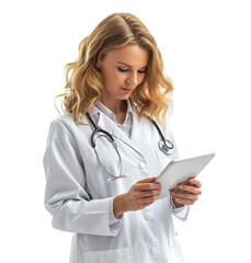 Fototapeta premium Confident female doctor using smartphone on isolated transparent background