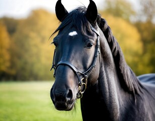 Obraz premium Portrait of a black horse. Stunning equine close-up with majestic mane and expressive eyes.