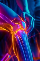 Knee Pain,highlighting muscle strain with neon effects, selective focus,health issue,dynamic,Manipulation,medical illustration,