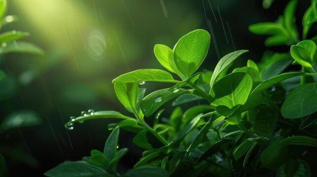 Close-up of green leaves with water droplets illuminated by sunlight, showcasing natural beauty and freshness in a tranquil setting.