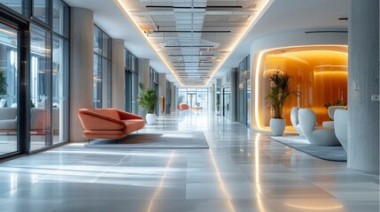 The entrance of the co-creation facility, a stylish, modern interior. Generative AI.