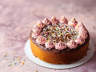 Beautifully Decorated Birthday Cake on Dusty Rose Background with Clear Space
