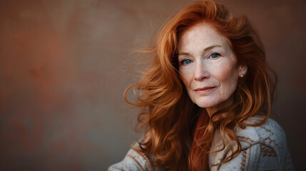 Fototapeta premium Portrait of an elegant mature woman with flowing red hair, wearing a cozy sweater, looking confidently at the camera against a soft, neutral background copy space