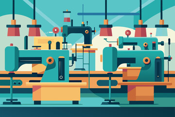 Fototapeta premium a range of sewing machines, could be a textile factory or a tailoring workshop. Each machine is equipped with spools of thread, adjustment knobs and needles.