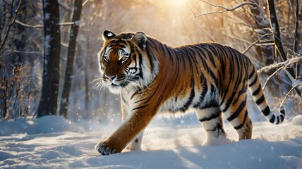 Granater AI  A majestic tiger gracefully walks through a snowy forest, blending in with its surroundings.