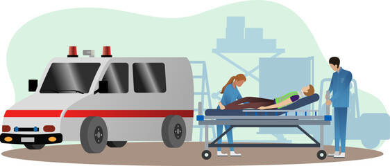 Paramedics in uniform loading a patient on a stretcher into an ambulance vector illustration,  industrial accident,  © lala Firdaa