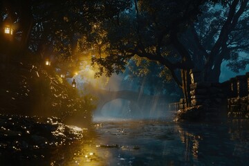 A bright street light illuminates the darkness on a rainy evening, providing a focal point in the gloomy atmosphere