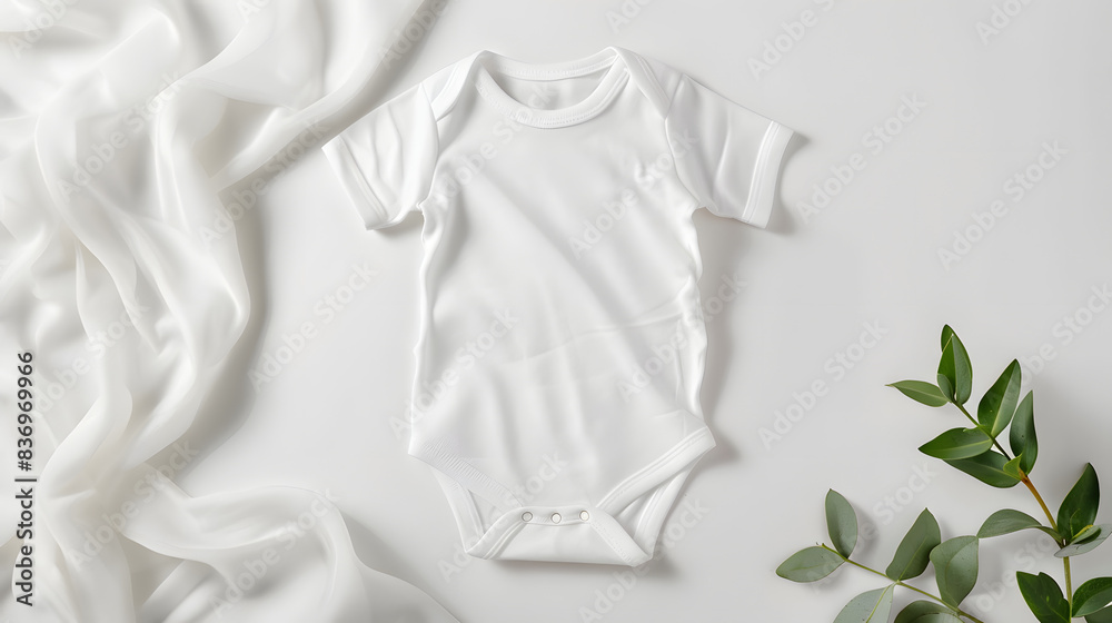 Wall mural White baby onesie placed on a plain background with soft fabric and green leaves. Ideal for mockups, baby clothing designs, and product presentations.