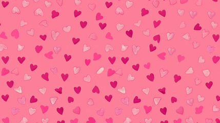 Pink background with various hearts in different sizes and patterns
