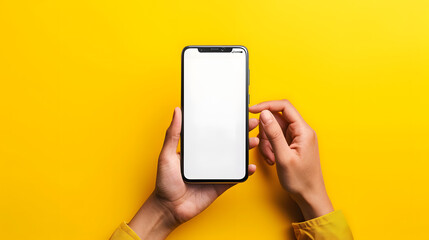 Two hands holding a smartphone with a blank screen against a vibrant yellow background. Perfect for mockups, app presentations, and technology themes.