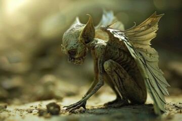 Close-up shot of a statue depicting a winged creature, possibly an angel or mythical being