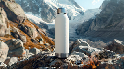 A white camping vacuum flask standing on rocky terrain with snow-capped mountains in the background. Perfect for themes of outdoor adventures, travel, and hydration. mockup
