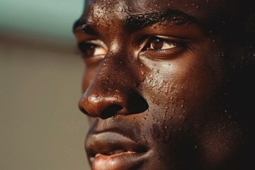 Obraz premium Detailed closeup shot of a young man's face with sweat beads, under natural sunlight