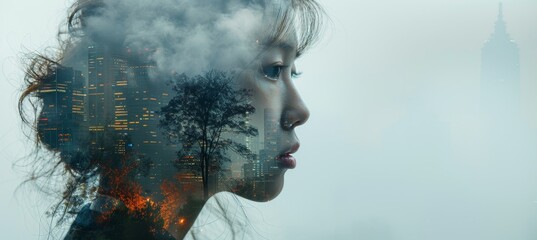 Double Exposure of Woman and Urban Night Scene.