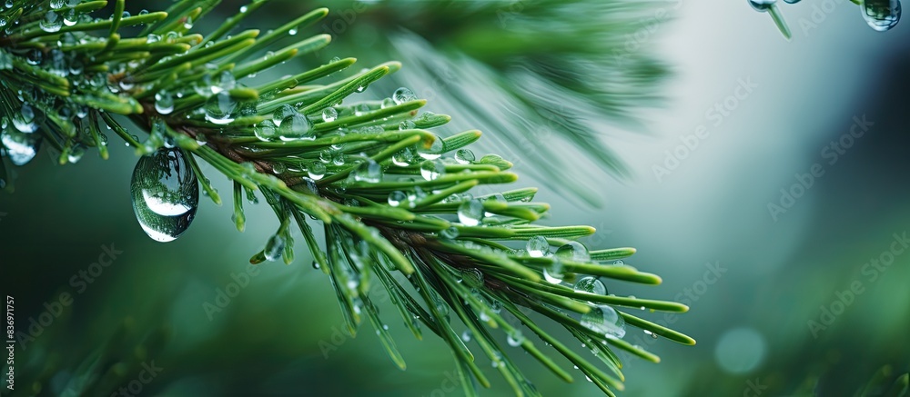 Poster Close-up shot of raindrops and dew on a coniferous branch with selective focus, ideal for a picture with copy space image.