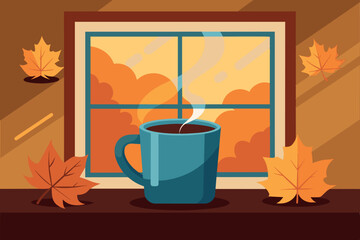 A cozy autumnal view from inside the room. On the windowsill is a large cup filled with hot chocolate, from which steam rises. The sun can be seen in the background, indicating the onset of dawn or du