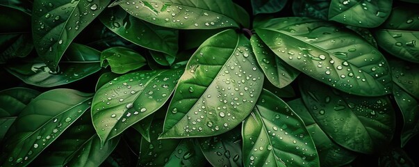Fototapeta premium Close-up of lush green leaves with morning dew, showcasing nature's beauty and freshness in vibrant detail.