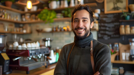A smiling barista standing confidently in a warm, cozy coffee shop. Shelves filled with plants and coffee supplies in the background create a welcoming atmosphere.