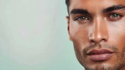 Obraz premium Handsome Peruvian Man s Face in Skincare Advertising Banner on Plain Light Green Background