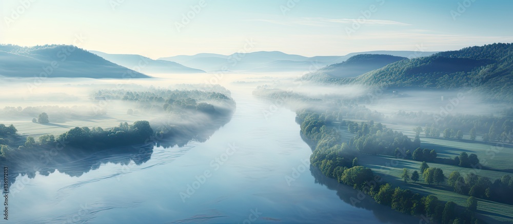 Poster a stunning misty morning captured by a drone, displaying a tranquil scene with copy space image.