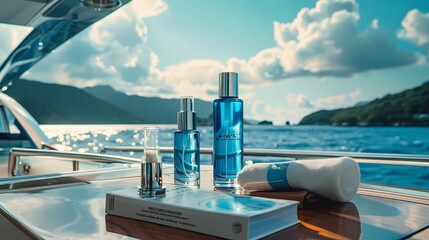 Obraz premium A boat with bottles of perfume has a mountain in the background, Generative AI illustrations. 
