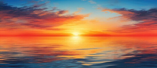 Striking sunset with vibrant hues of orange, yellow, and red reflecting over the ocean under a clear sky with a striking beauty, suitable as a copy space image.