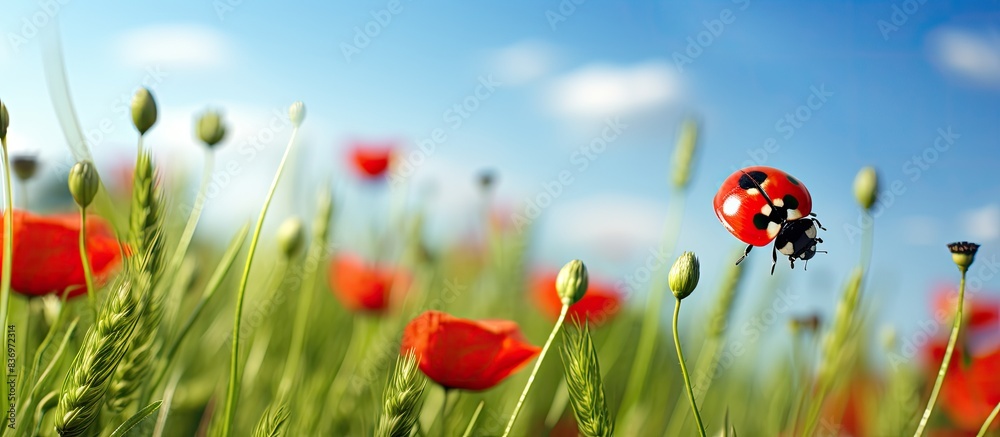 Fototapete Tiny red ladybug enjoys the scent of red poppies in a copy space image.