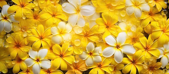 Top-down view of yellow sunflowers and numerous plumeria, also known as frangipani flowers, adorned with glistening water droplets, with copy space image.