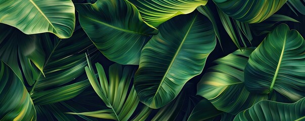Fototapeta premium Lush green tropical leaves in a seamless pattern, perfect for natural backgrounds, wall art, or textile design.
