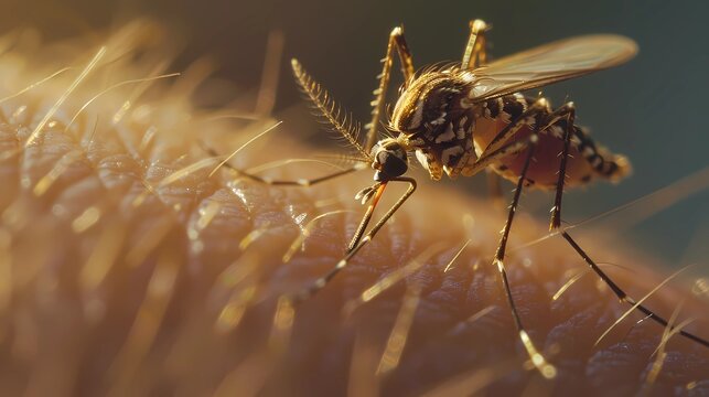 Closeup of a biting mosquito on skin, Generative AI illustrations. 