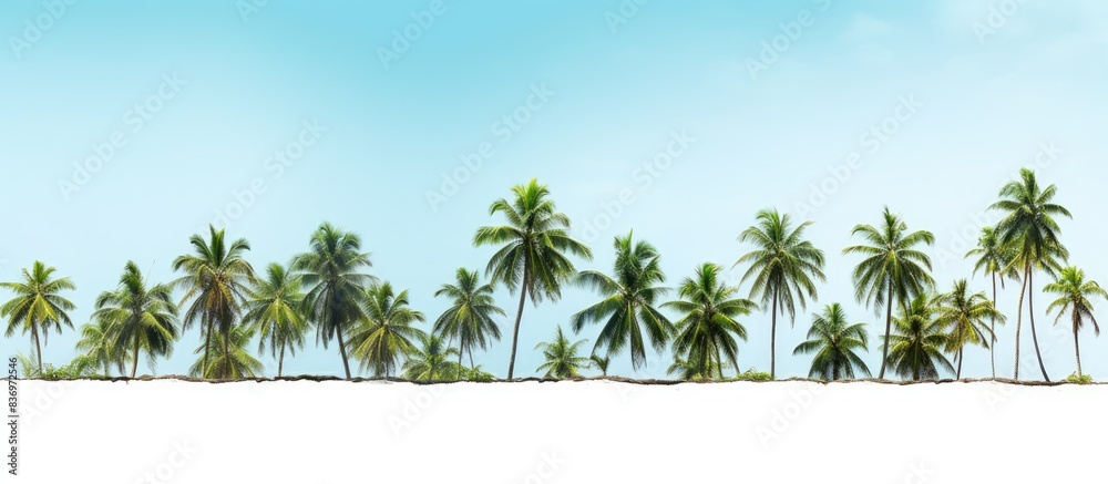 Poster various small coconut trees, some with young coconuts, with the possibility of a copy space image.