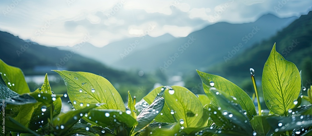 Poster vibrant green leaves with colorful flowers, framed by a mountain backdrop and bathed in sunlight, fe