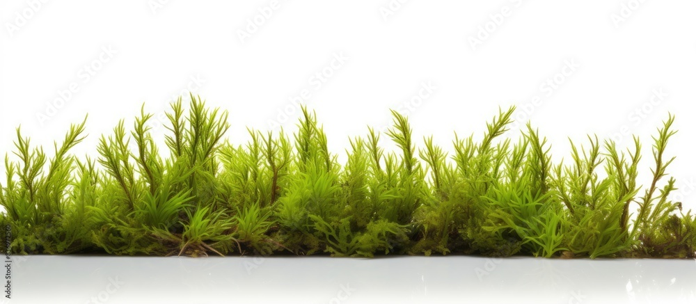 Poster close-up view of creeping club moss (lycopodium clavatum linn) against a white backdrop with ample c