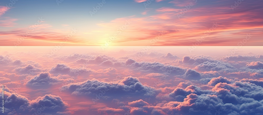 Wall mural Sunset sky viewed from an airplane with white clouds, perfect for a copy space image.