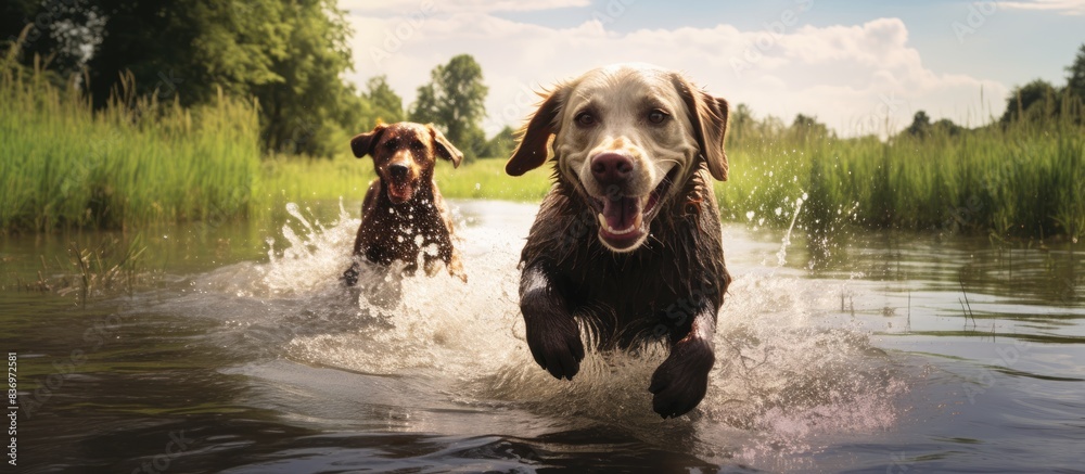 Poster Two Labradors frolic in a green field, chasing each other around and splashing in a puddle, with a serene landscape creating a beautiful background for a copy space image.