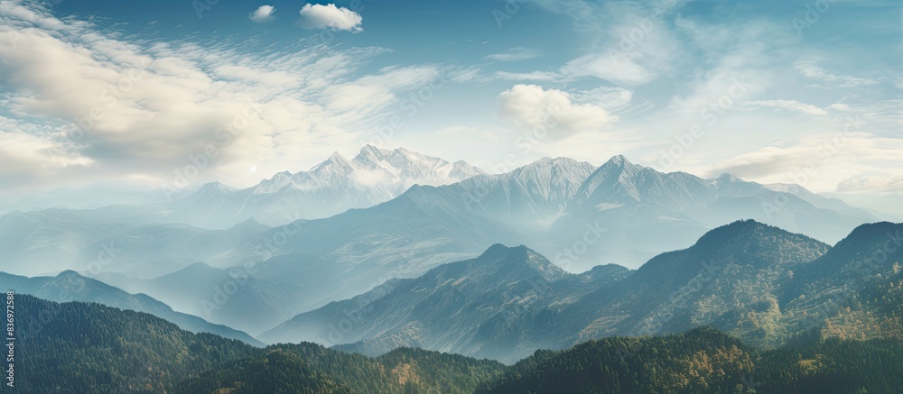 Poster scenic mountain vista captured while hiking, showing a breathtaking high-altitude view of the landsc