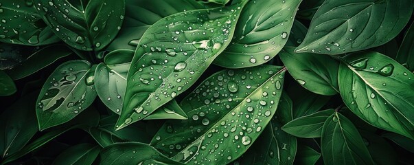 Fototapeta premium Close-up image of green leaves with water droplets, showcasing the beauty of nature and freshness in a detailed macro shot.
