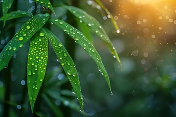 Bamboo Tree Garden in Natural Green Background with Sunrise with drops of water - Powered by Adobe