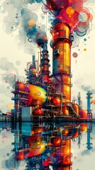 Obraz premium Vibrant, colorful illustration of an industrial factory with smoke stacks reflecting on water. Abstract artistic style with bright hues and details.