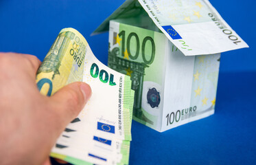  house home from european hundred money currency banknotes euro, apartment house building...