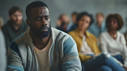 A pensive man sits among others at a support group meeting, deep in thought. The setting highlights a sense of community and shared experiences.