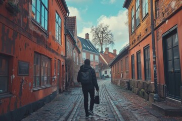 A person walking down a cobblestone street, great for travel or cityscape images