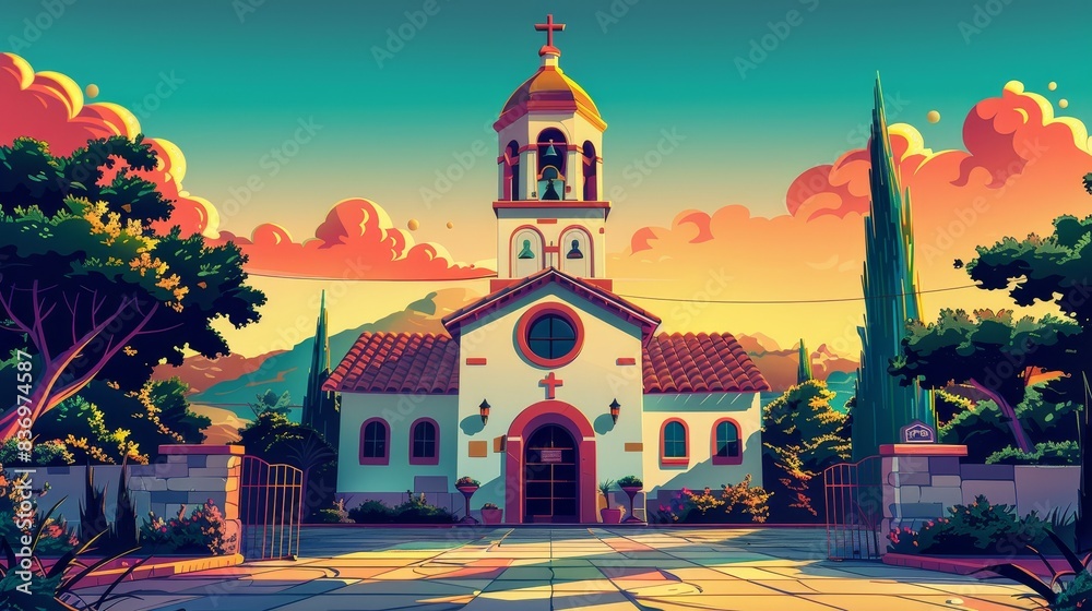 Wall mural a church with a bell tower and a cross on top