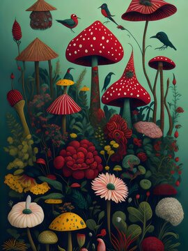 Fototapeta wallpaper, flores botánicas, arte fino, lujo, glamur, premium, profesional, diseño de interiores, interiorismo, diseño, diseño gráfico, buqué, flor, flor gigante, arte botánico, ilustración, aves