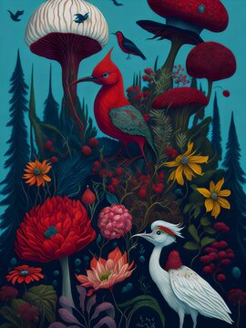 Fototapeta wallpaper, flores botánicas, arte fino, lujo, glamur, premium, profesional, diseño de interiores, interiorismo, diseño, diseño gráfico, buqué, flor, flor gigante, arte botánico, ilustración, aves