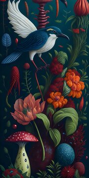 Fototapeta wallpaper, flores botánicas, arte fino, lujo, glamur, premium, profesional, diseño de interiores, interiorismo, diseño, diseño gráfico, buqué, flor, flor gigante, arte botánico, ilustración, aves