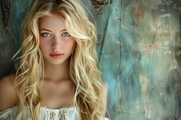 Fototapeta premium Portrait of a captivating young woman with curly blonde hair, blue eyes, and fair skin against a rustic wall